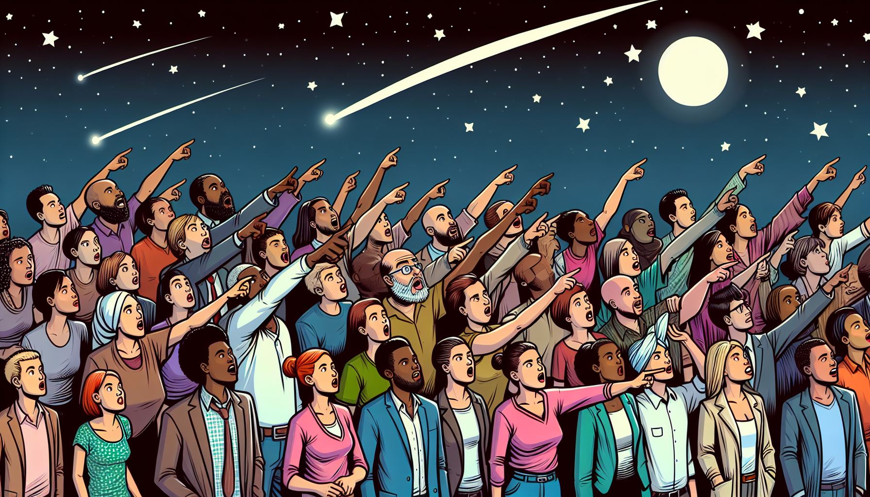 Group of people observing a UFO in the sky