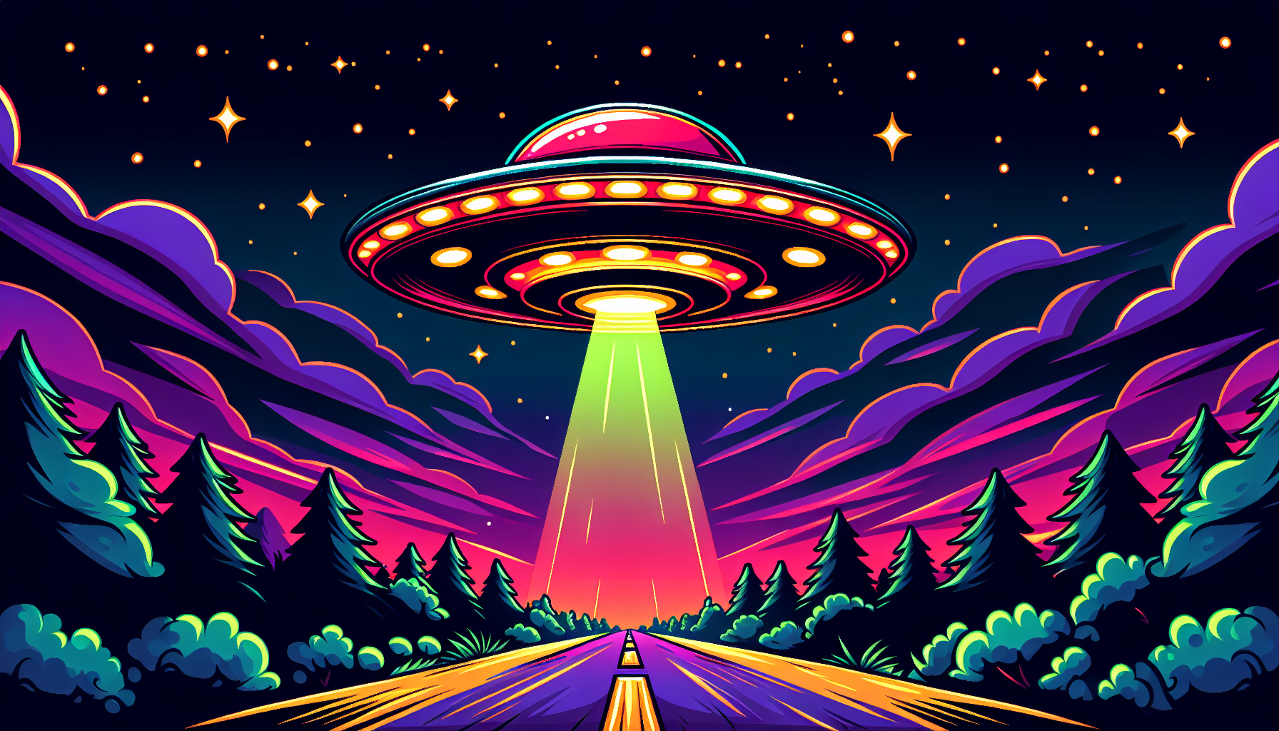 illustration of a glowing UFO over a road at night