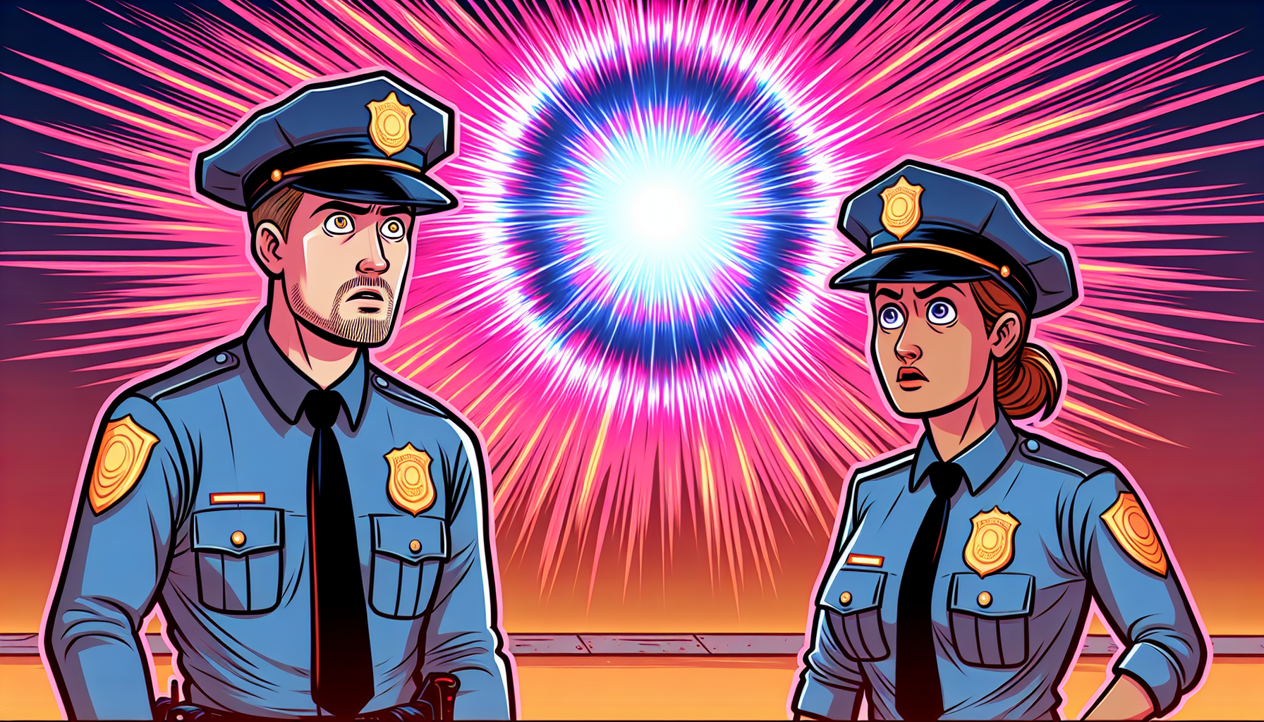 illustration of police officers observing a light in the sky
