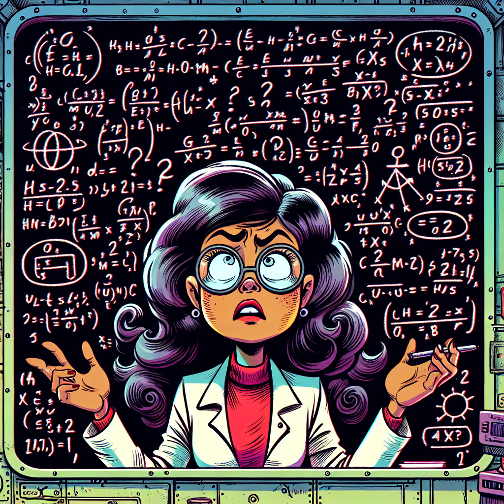 A space scientist in a spaceship looking confused at equations on a blackboard