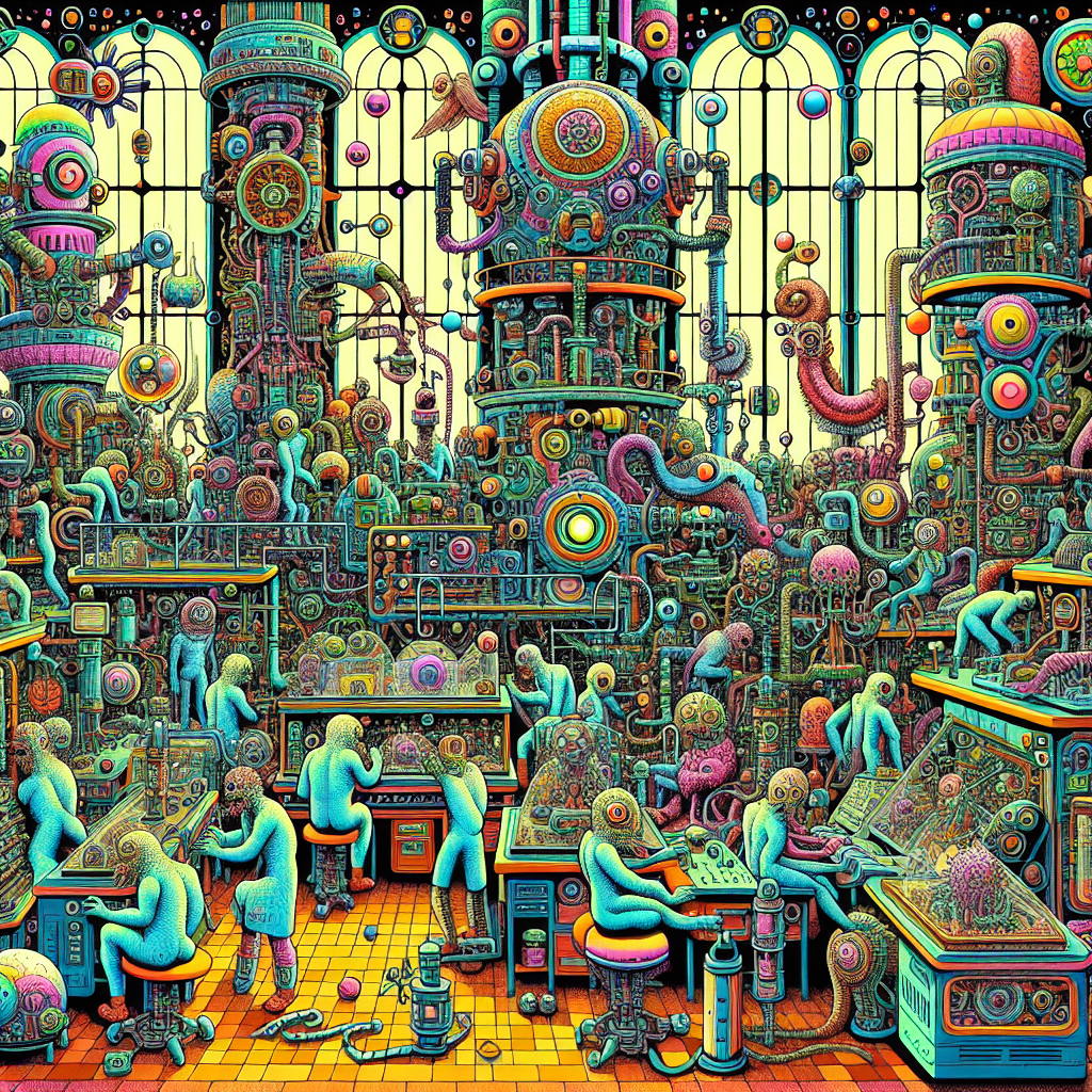 a futuristic lab with aliens and humans working on experiments