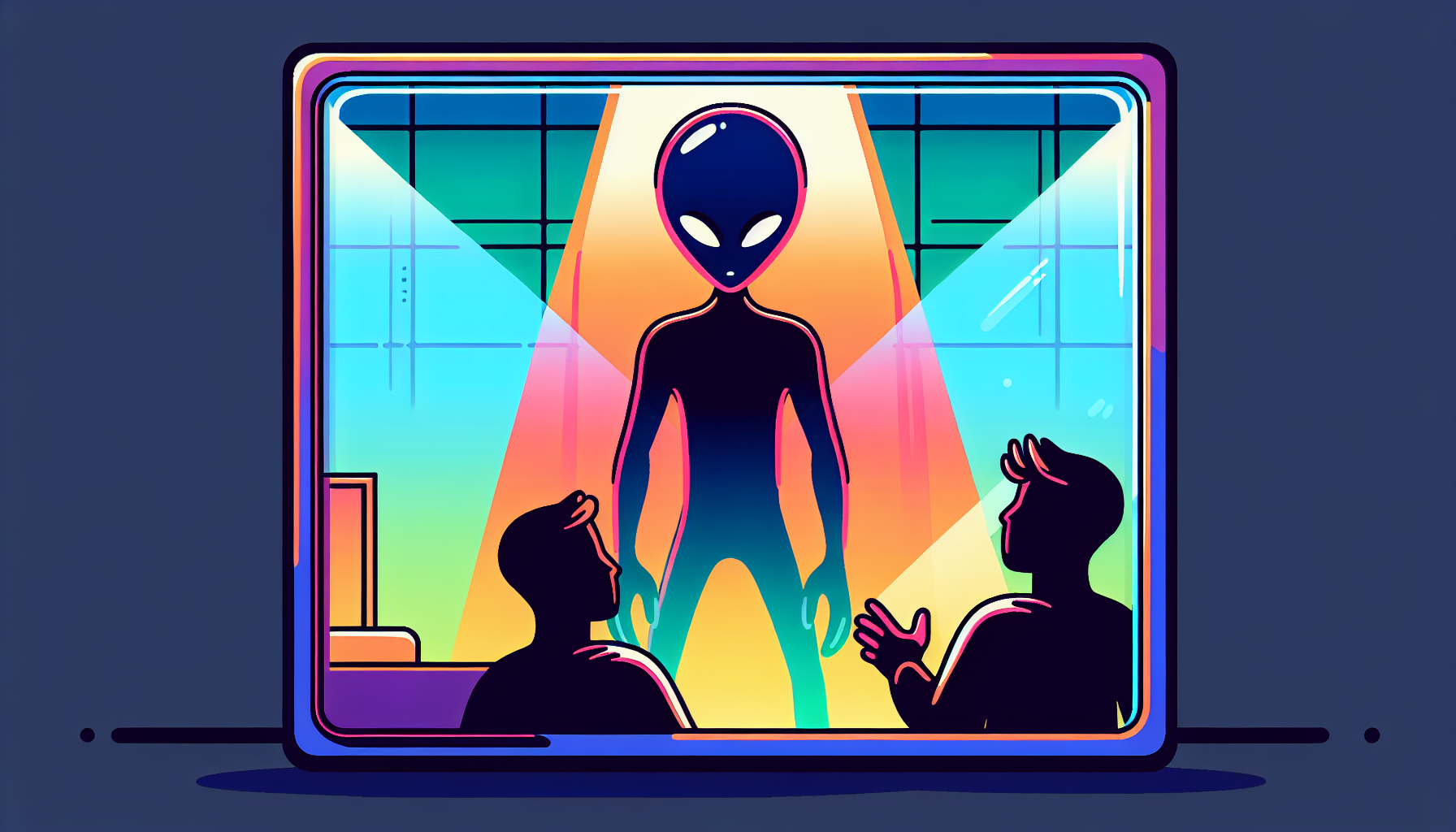 Cartoon depiction of an alien sitting behind a translucent screen with human figures around at Area 51.