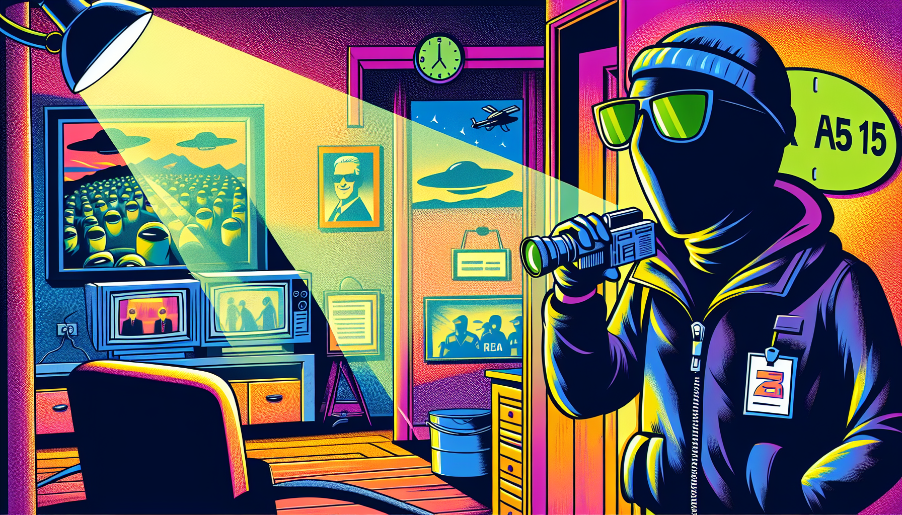 Illustration of an anonymous figure, known as Victor, allegedly smuggling video footage from Area 51.