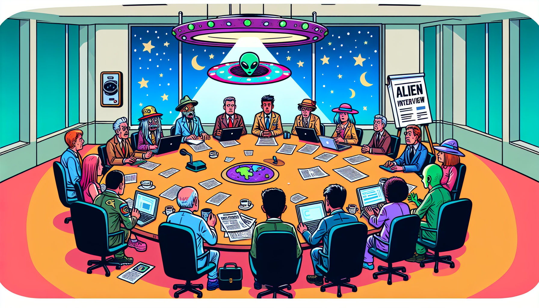 Debate scene on the authenticity of the alien interview with enthusiasts and skeptics.