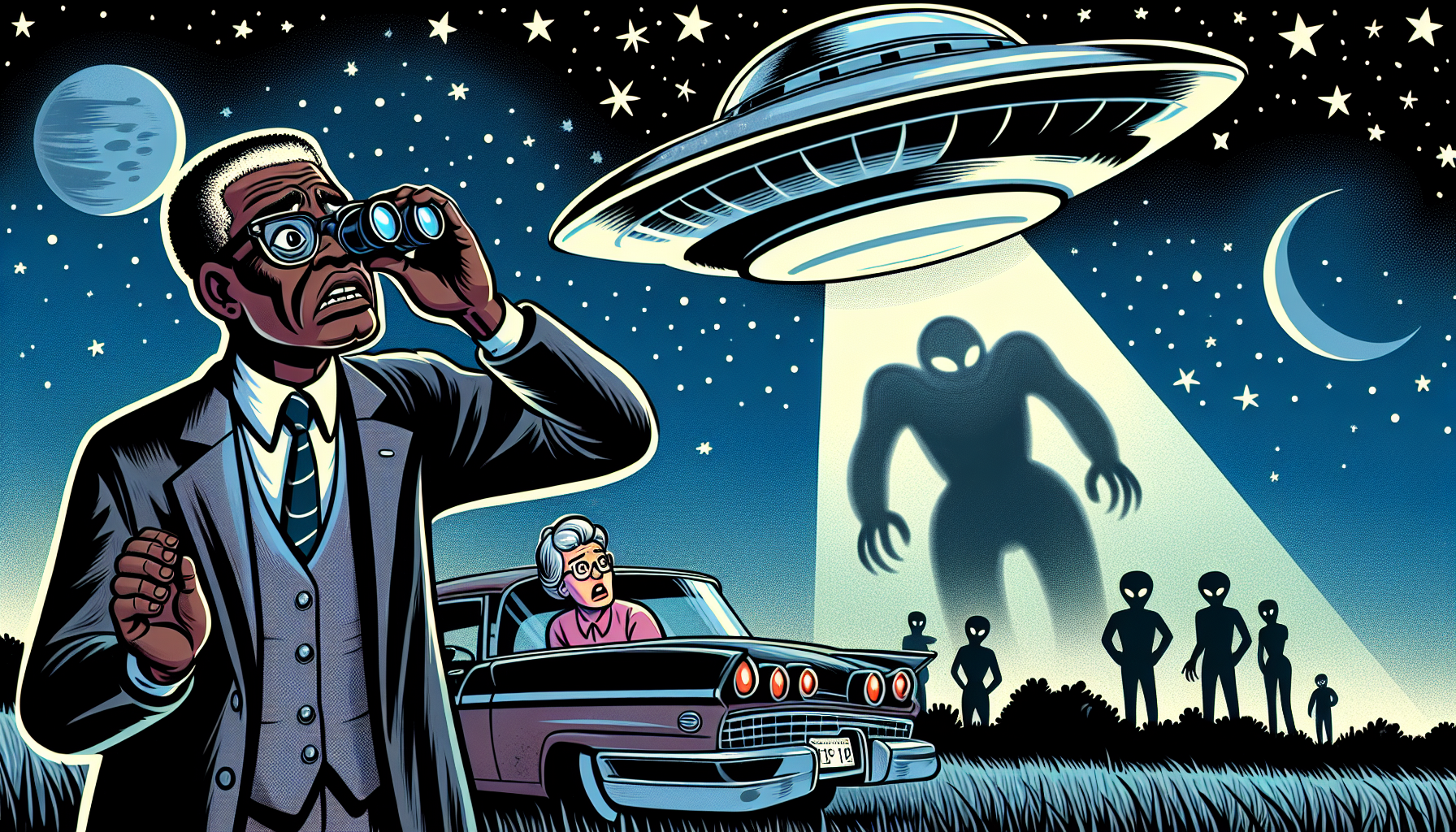 Barney Hill looking through binoculars at a hovering UFO with humanoid figures visible inside.