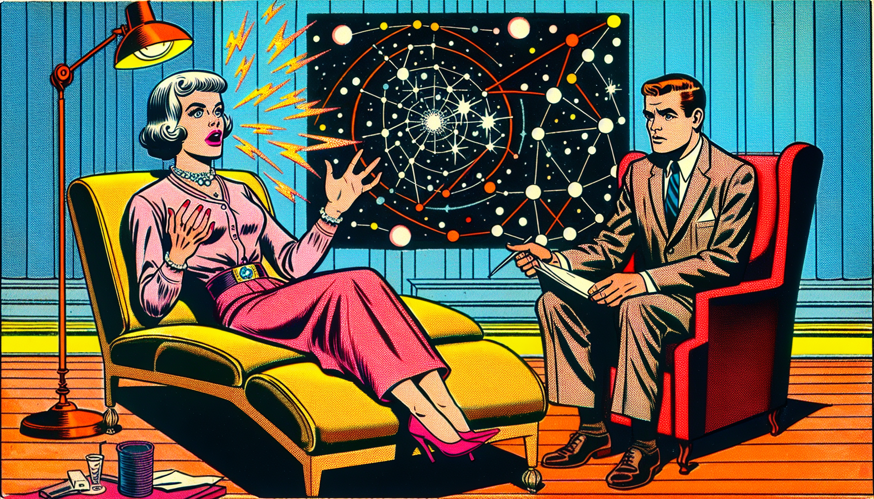 Betty Hill under hypnosis describing the alien star map to Dr. Benjamin Simon.