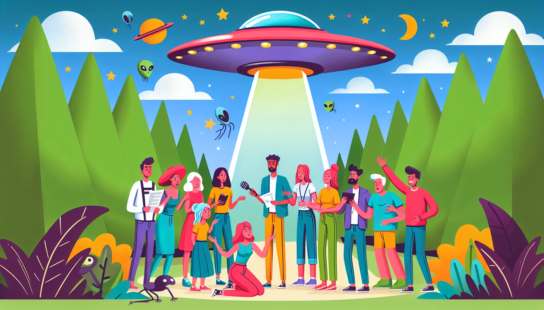 Illustration of the Travis Walton UFO incident in a forest