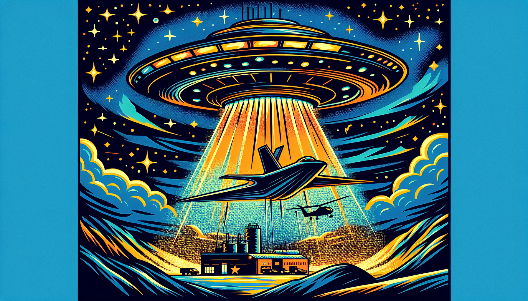 Depiction of a UFO hovering over a secret base.