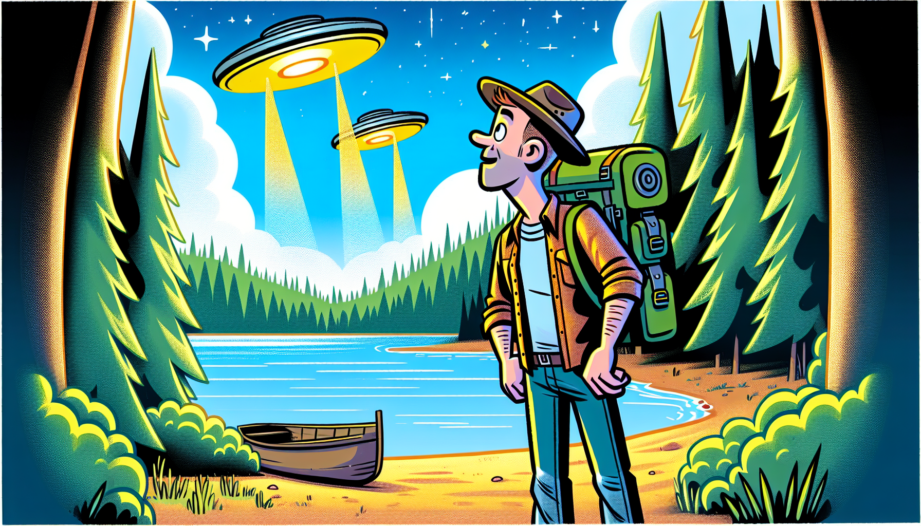 Illustration of Stephen Michalak seeing UFOs at Falcon Lake.