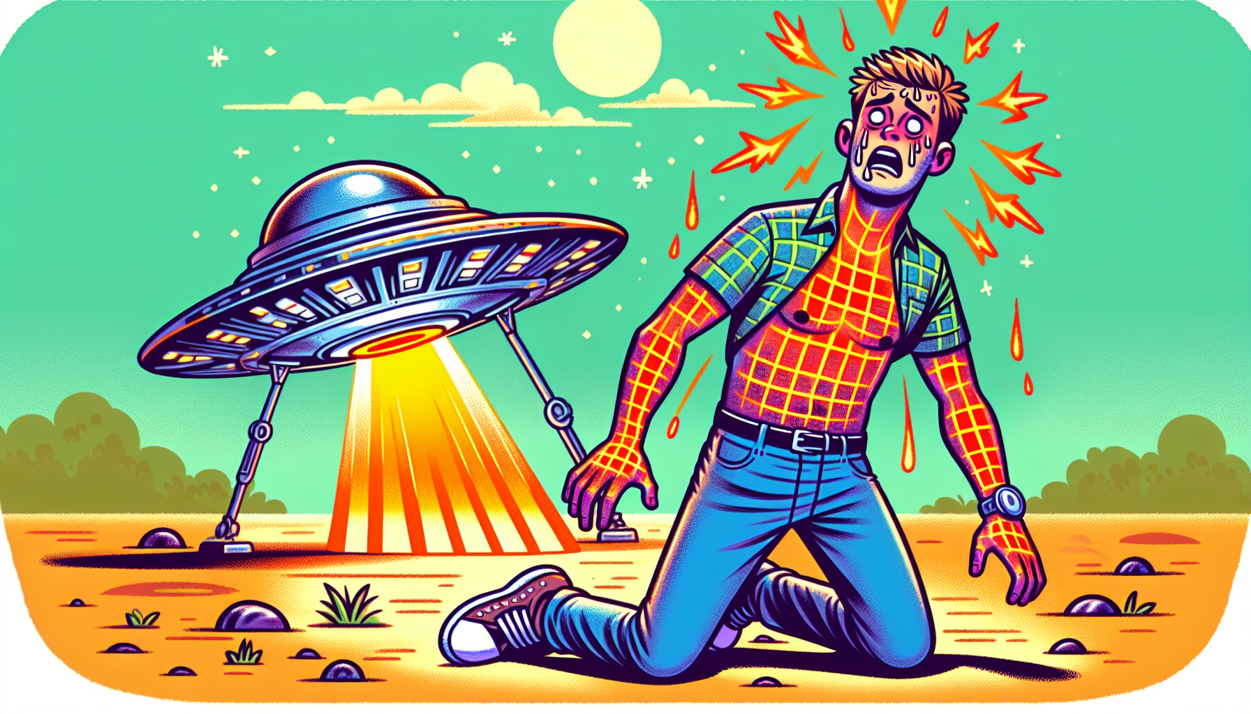 Illustration of Stephen Michalak with burn patterns from a UFO.