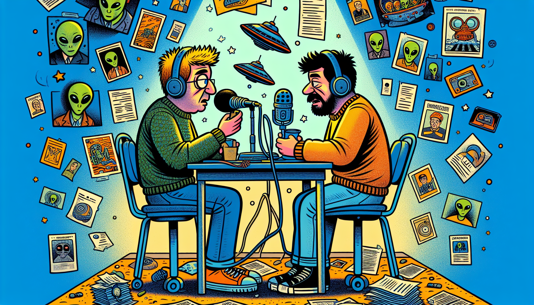 George Knapp and Jeremy Corbell podcasting with UFO documents and imagery around.