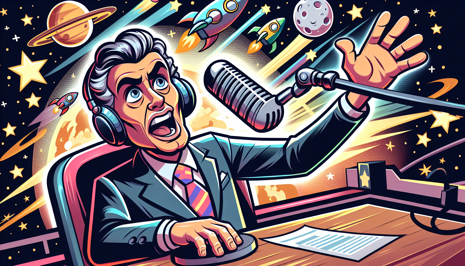 George Knapp speaking into a microphone on Coast to Coast AM with stars and UFOs as background.