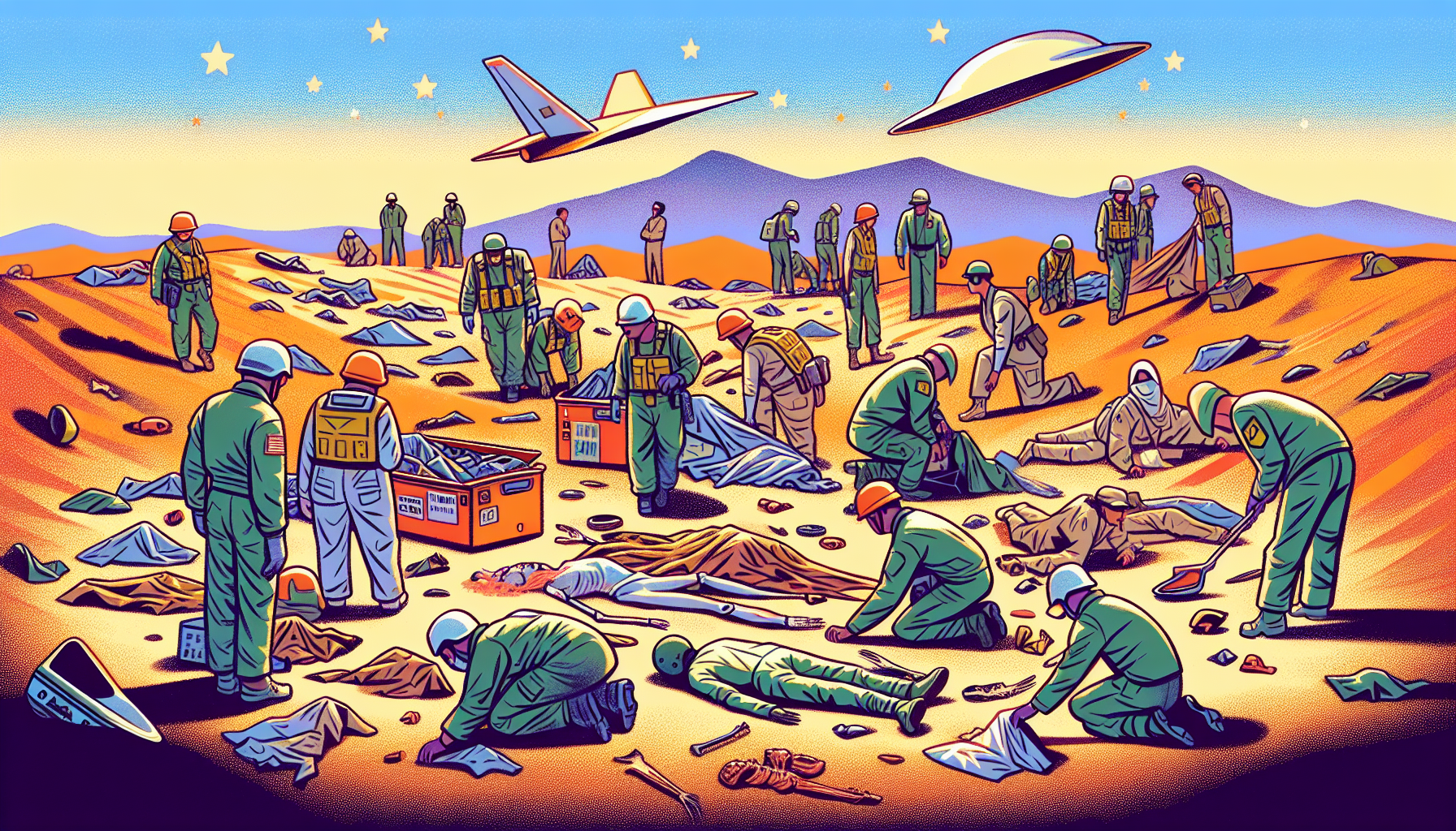 Cartoon depiction of the Roswell UFO crash site with military personnel.