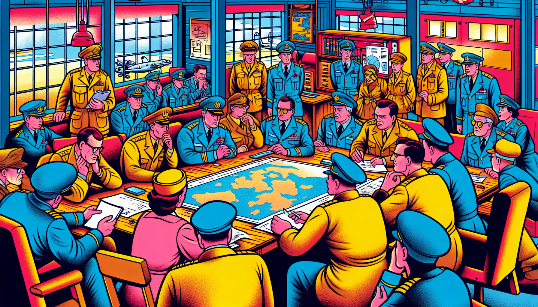 Cartoon illustration of a secret military meeting about the alien encounter.