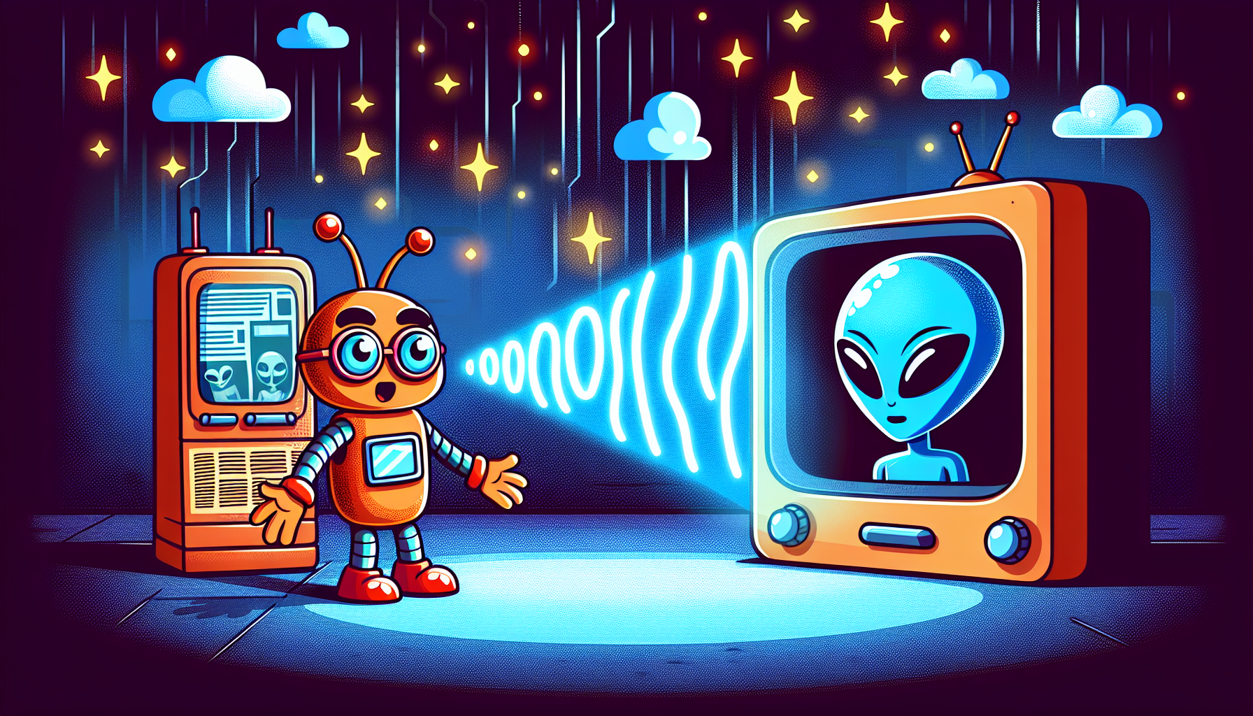 Jason Sands encountering a blue alien with telepathic connection.