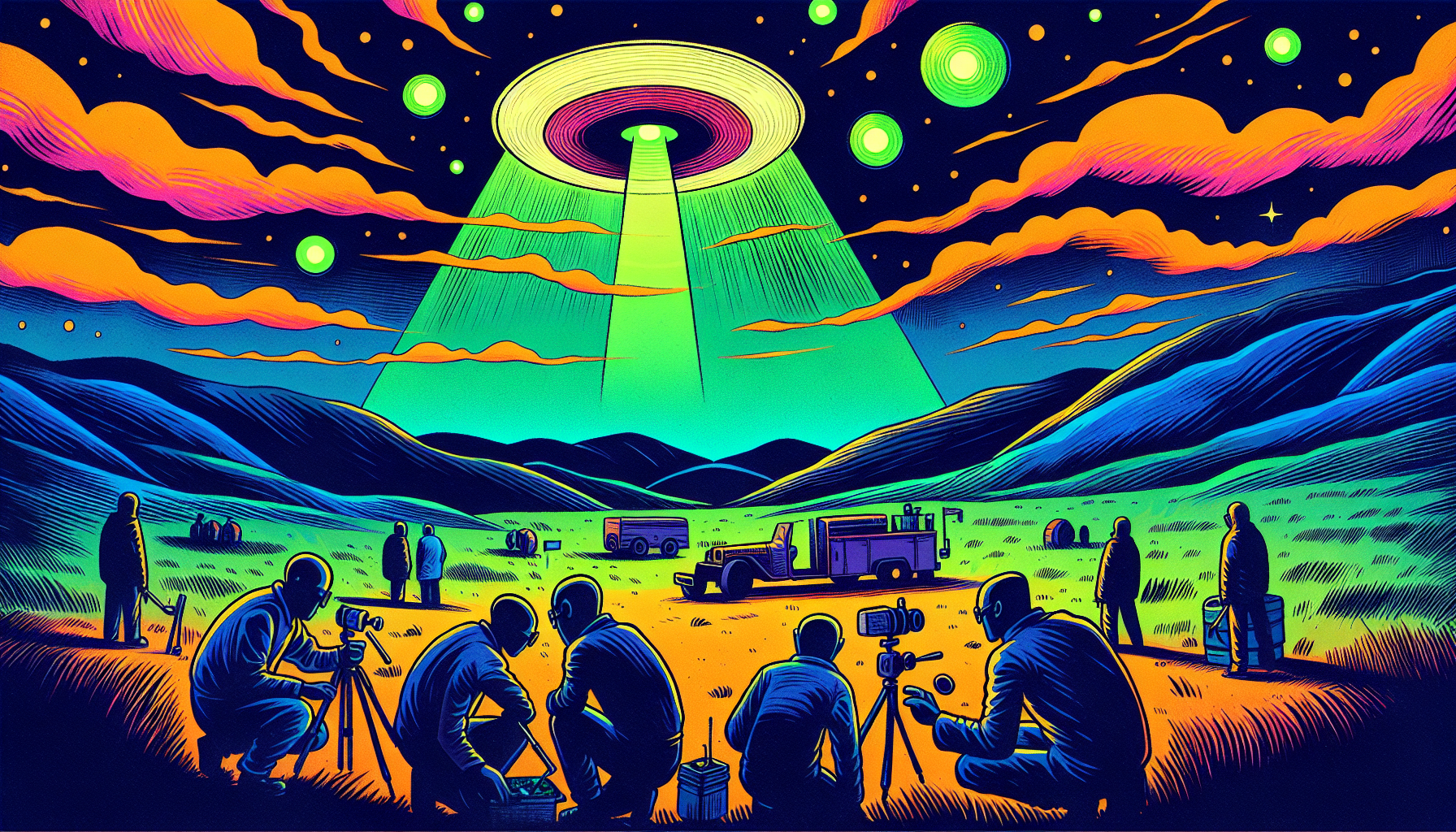 Researchers at Skinwalker Ranch with mysterious lights overhead.