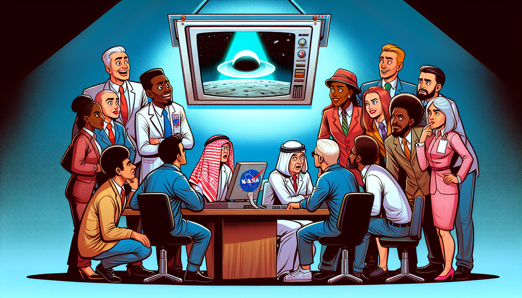 NASA scientists examining UFO footage on a monitor