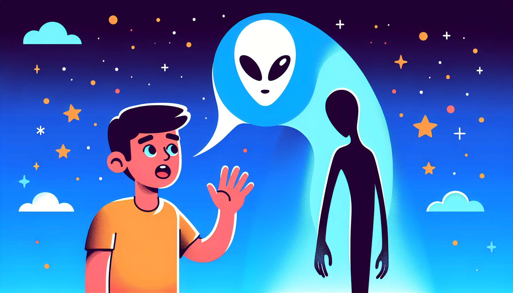 Tall White alien and human in telepathic communication
