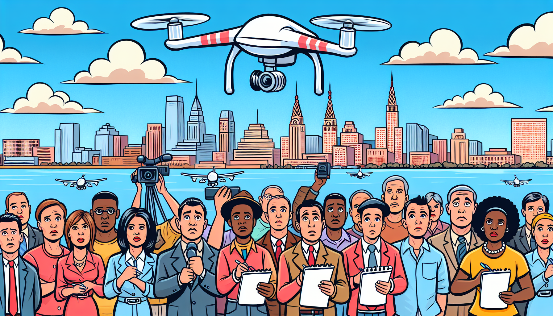 Drones over New Jersey with onlookers and reporters