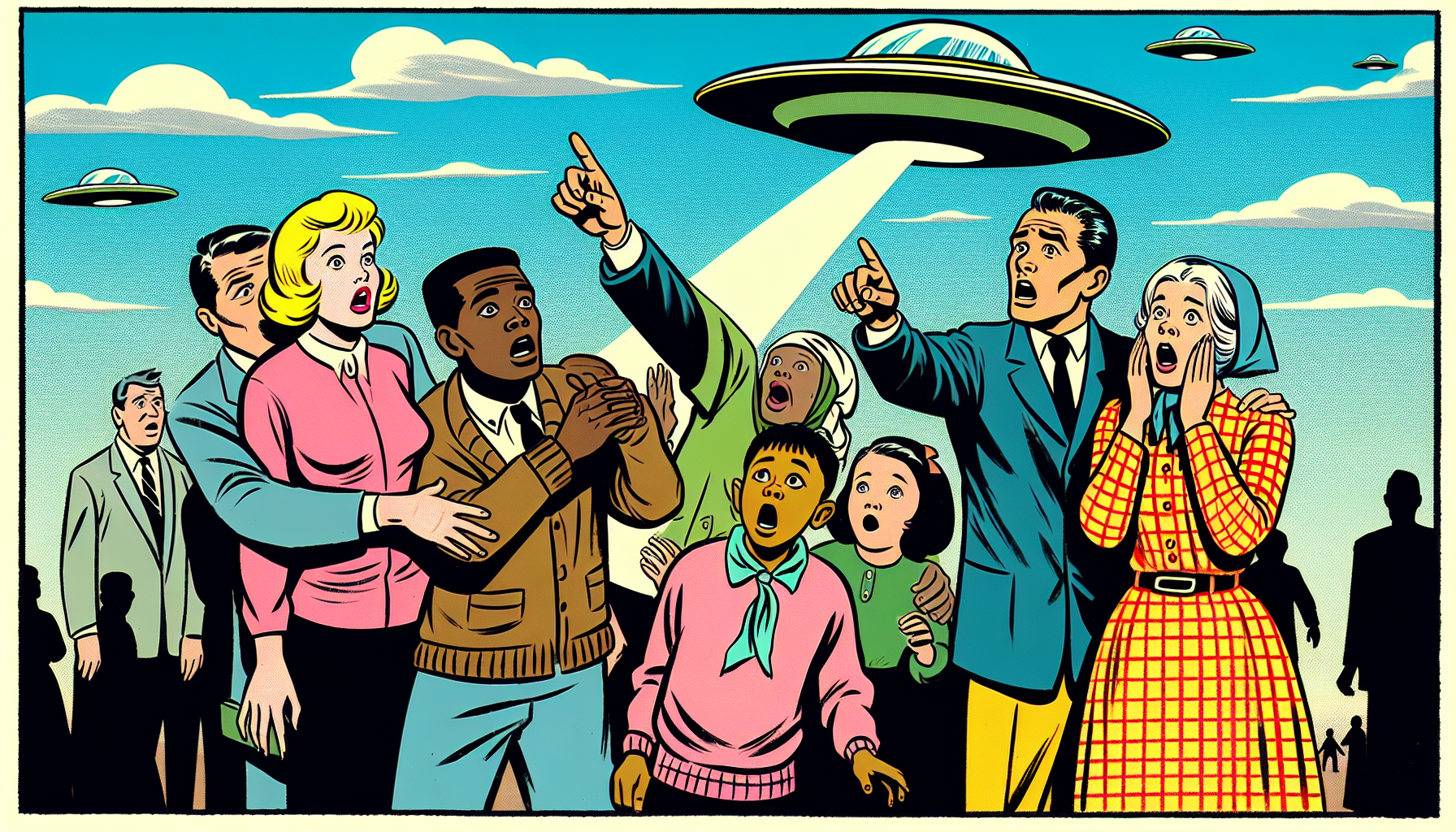 1960s UFO sighting with flying saucer and observers