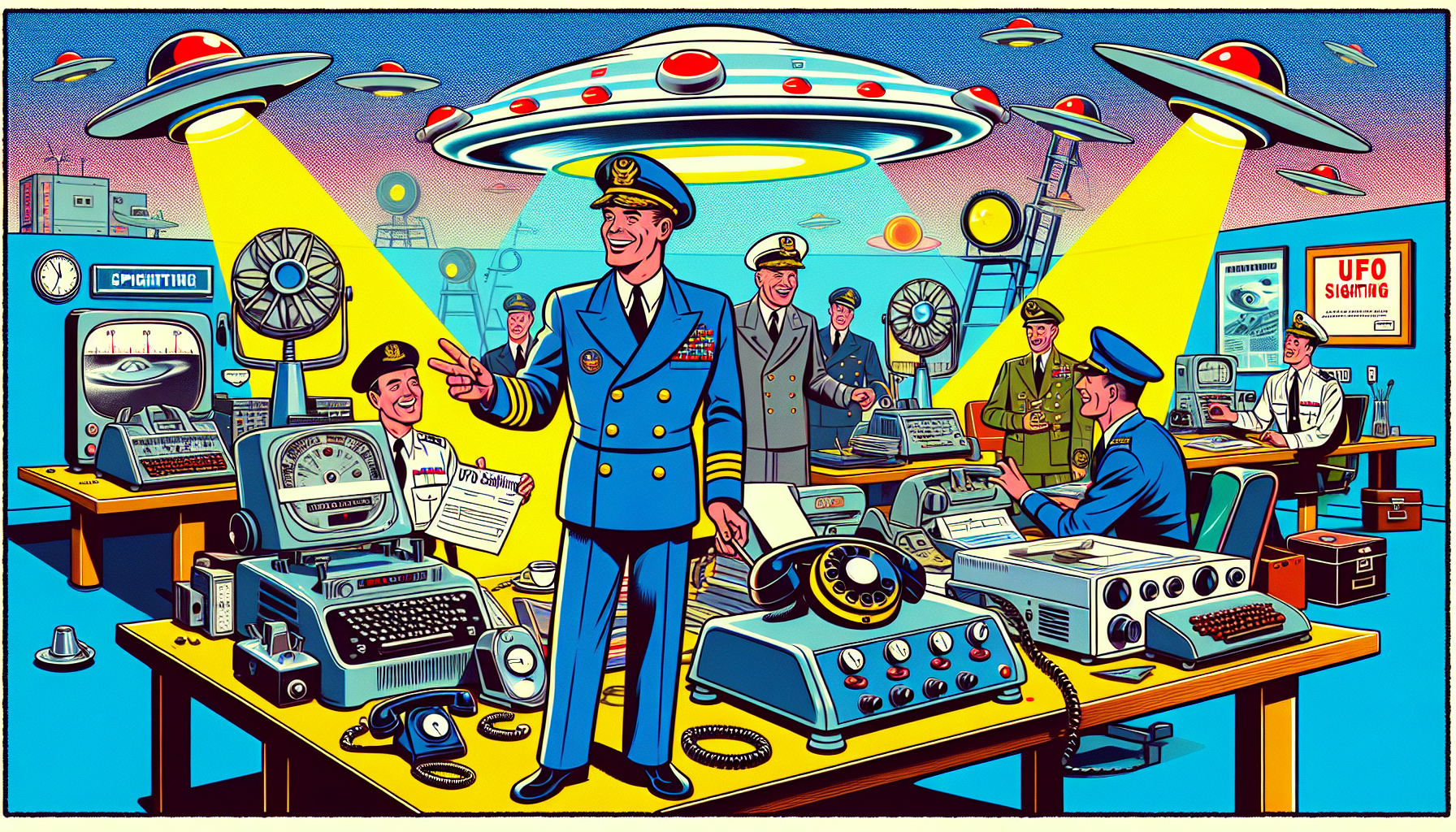 Captain Edward J. Ruppelt in an office, handing a questionnaire to military staff.