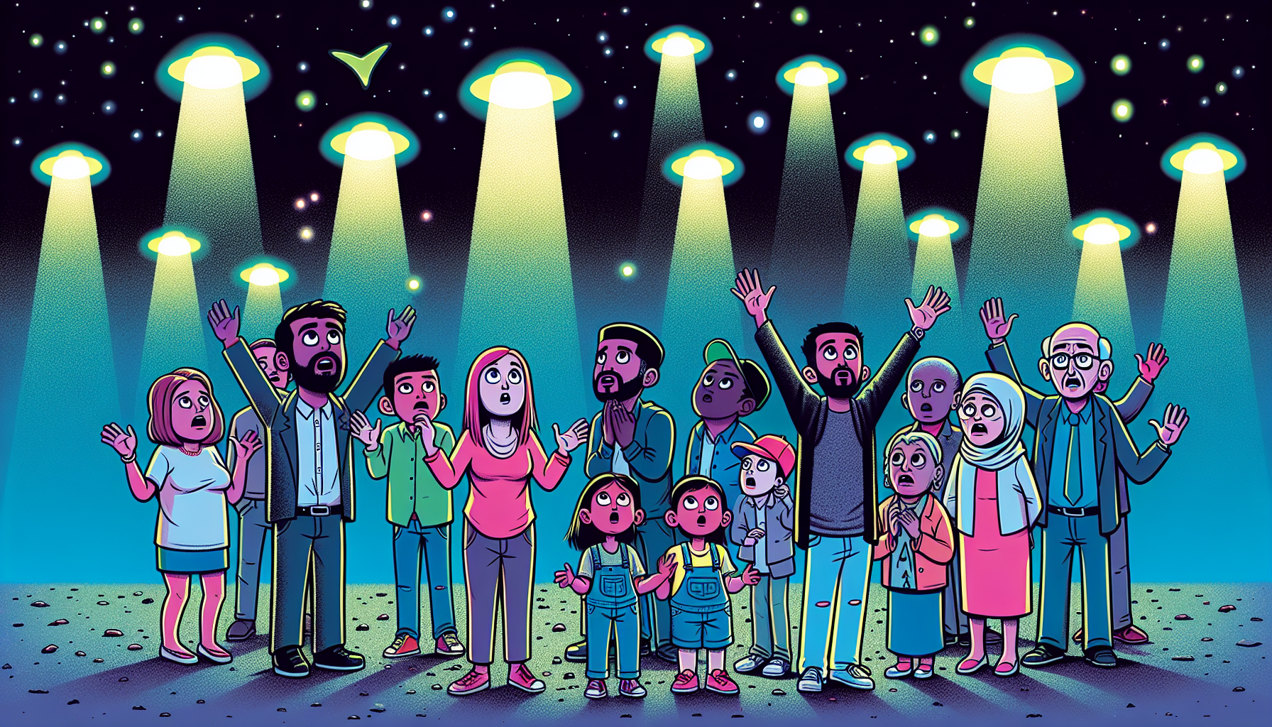 Lubbock Lights glowing in the sky, with people pointing up and looking amazed.