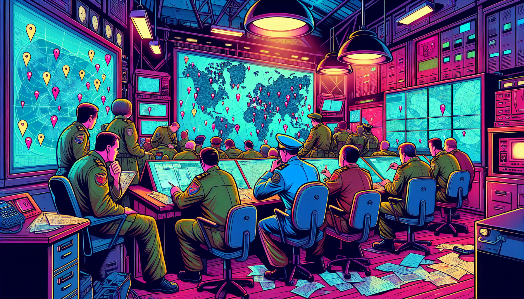 Military operations center with investigators analyzing data and maps.