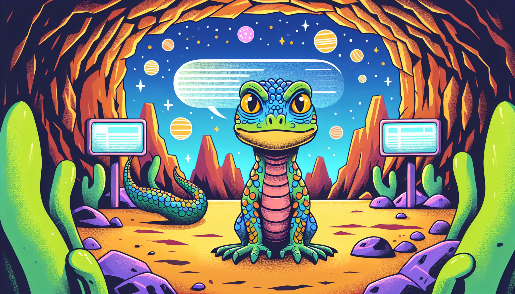 A reptilian alien with scaly skin and slit-like eyes in an underground scene