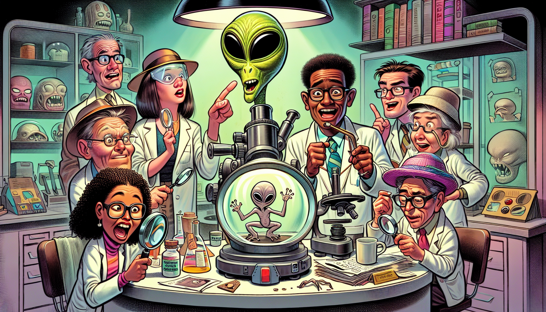 Scientists in a lab humorously investigating Reptilian evidence