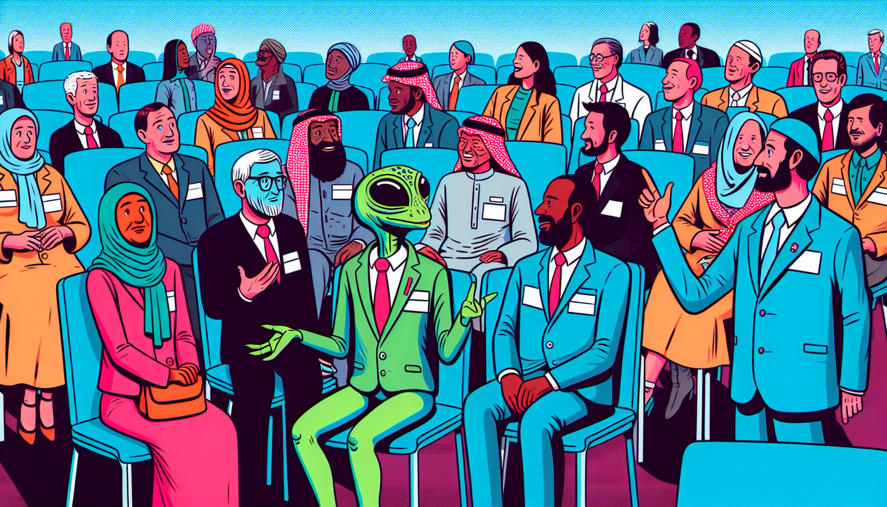 A Reptilian alien disguised among politicians at a summit