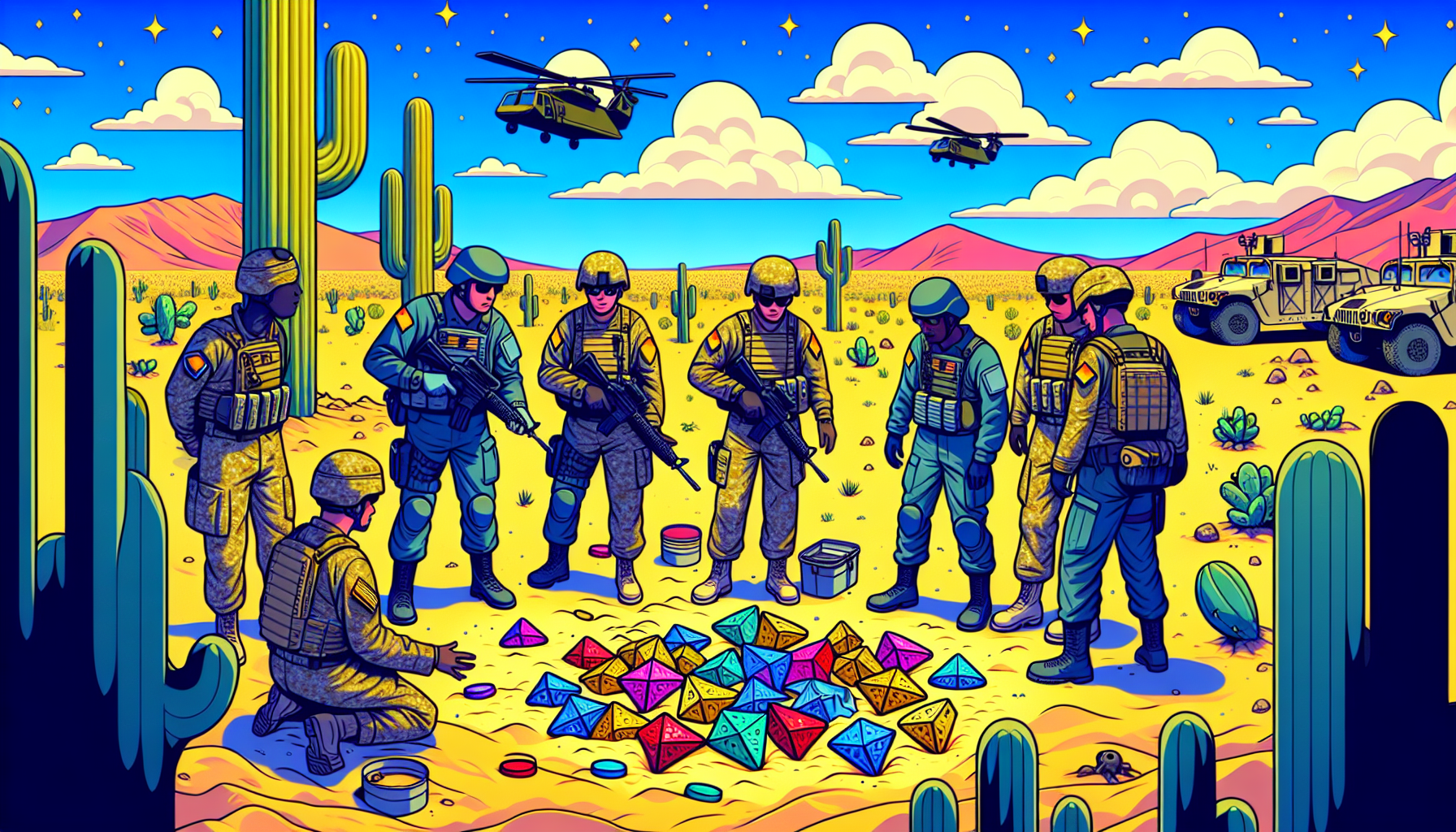 Cartoon of military personnel inspecting strange debris in the desert