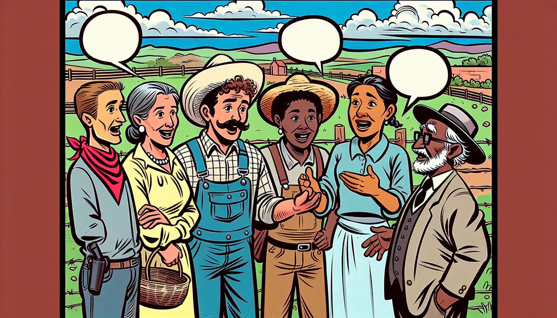 Cartoon of eyewitnesses in Roswell with a rancher in the foreground