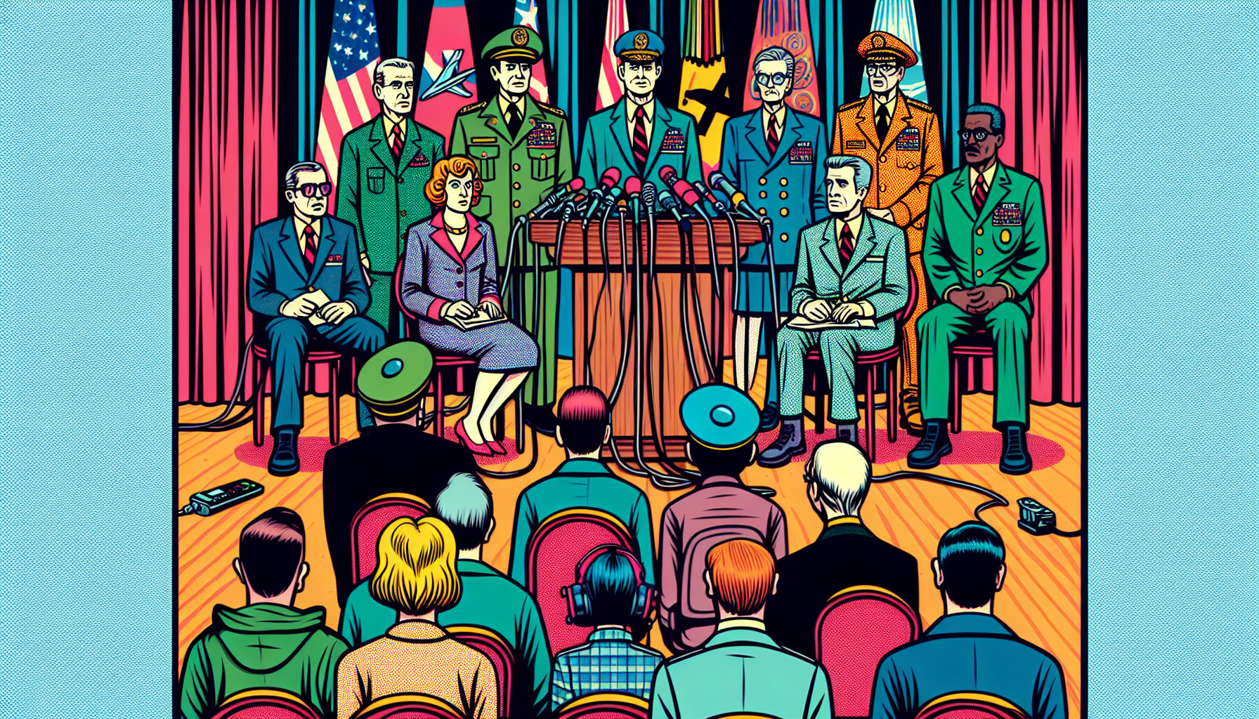 Cartoon of military press conference with changing narratives