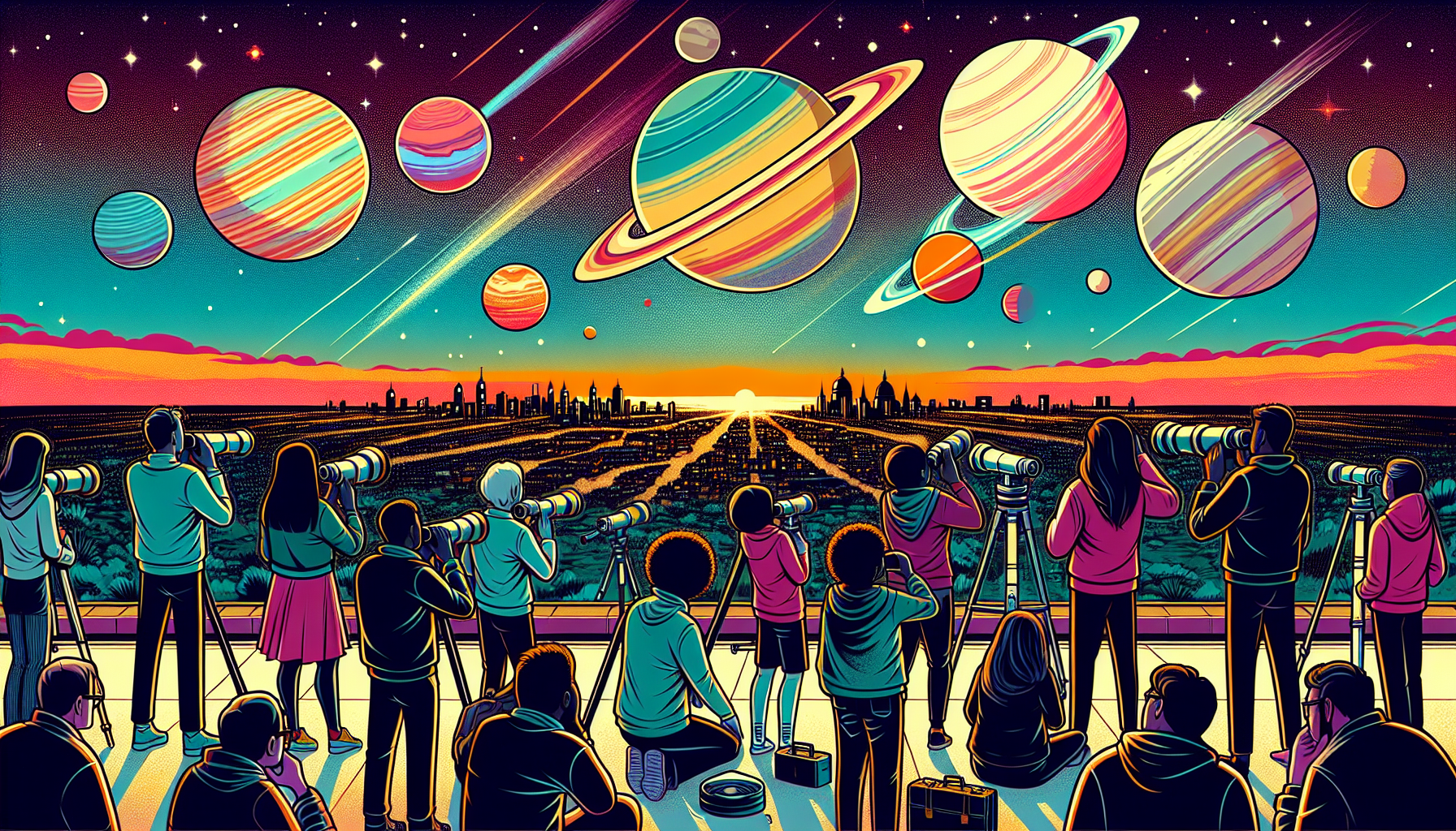 Stargazers with telescopes observing six planets aligned over a cityscape