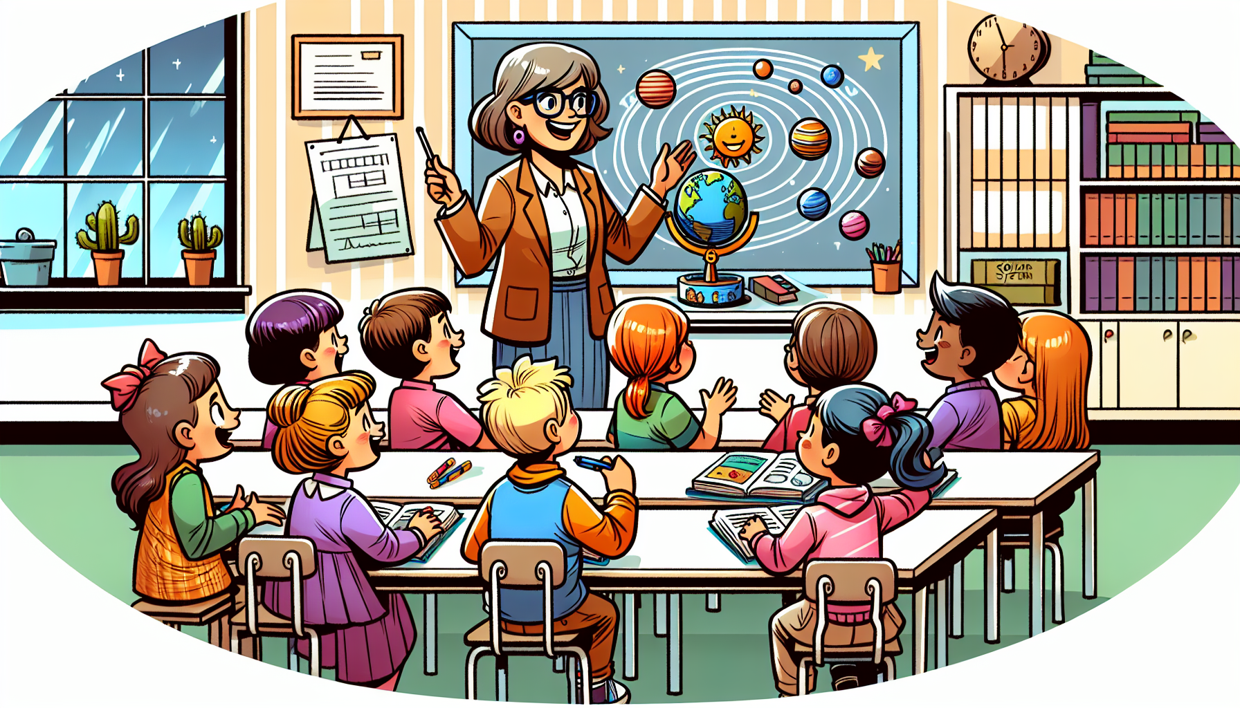 Children learning about planetary alignments with a model solar system