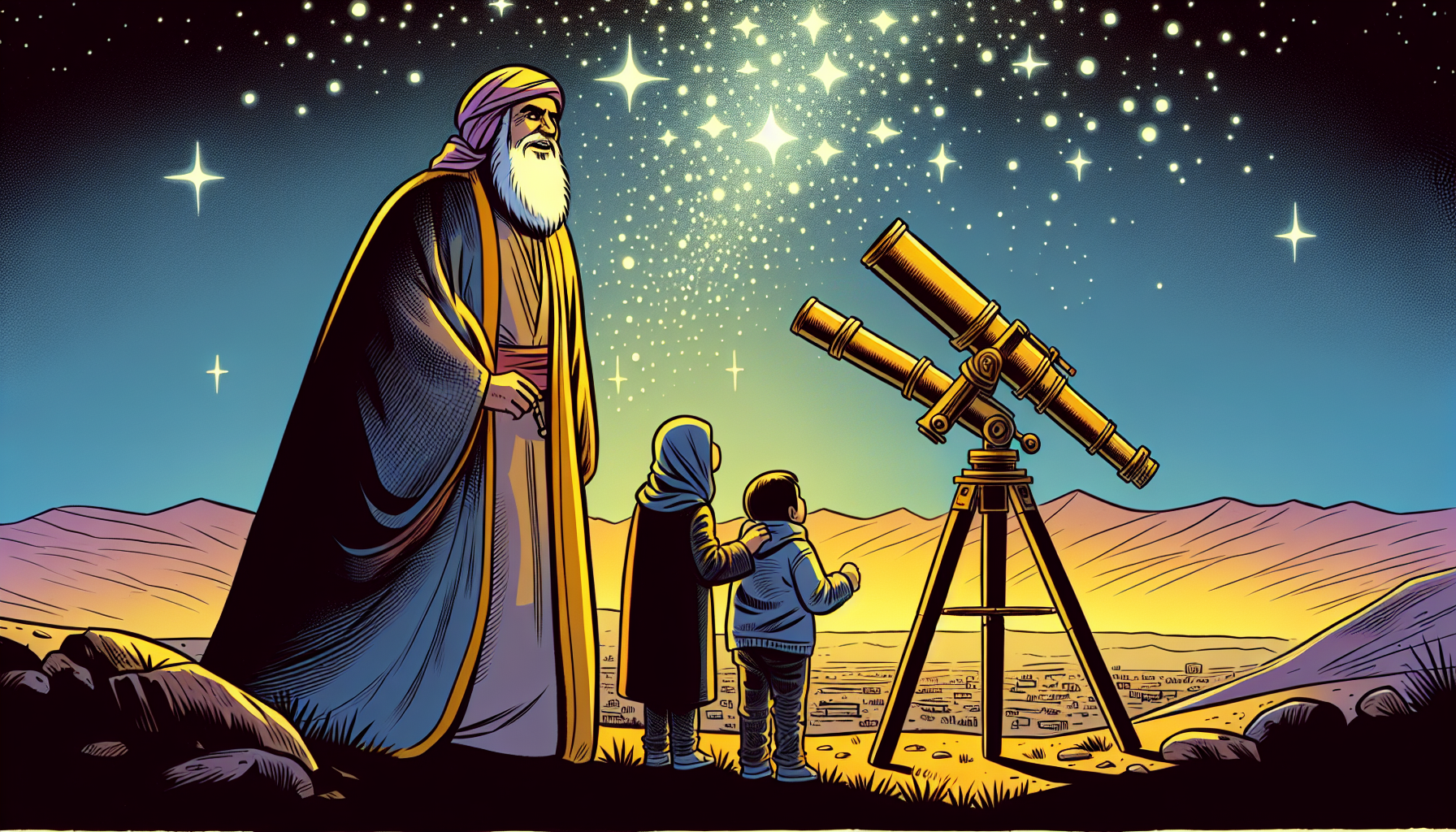 Family setting up telescope on a hilltop with a view of a clear, starry sky