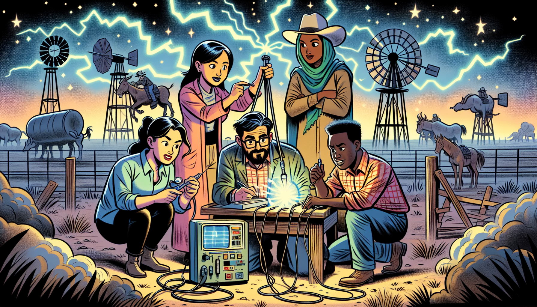 Scientists measuring electromagnetic forces at Skinwalker Ranch with mysterious lights.