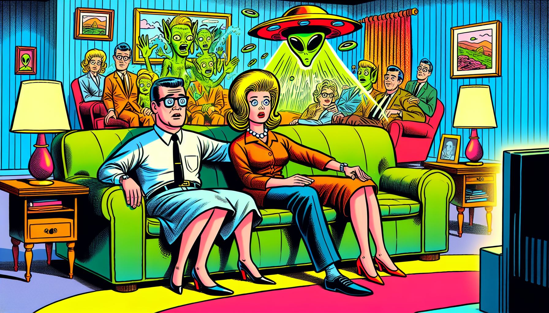 Betty and Barney Hill in living room witnessing alien abduction.