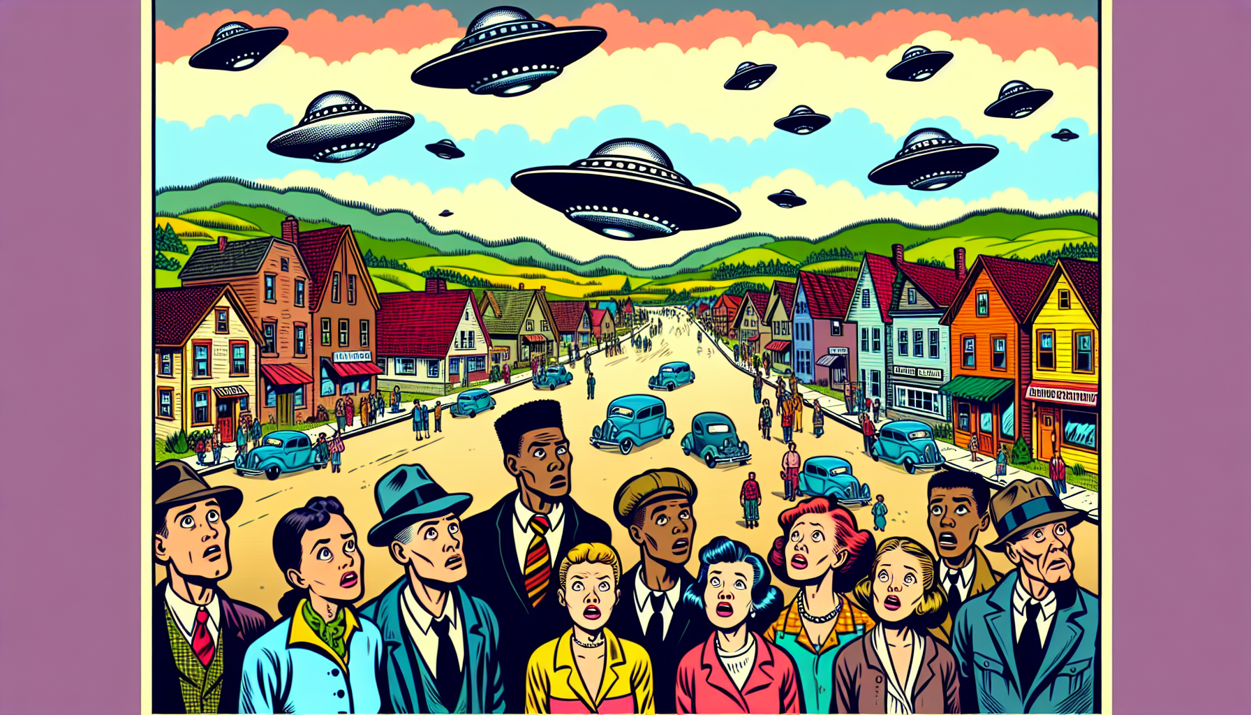 UFOs flying over a mid-20th-century town with people looking up.