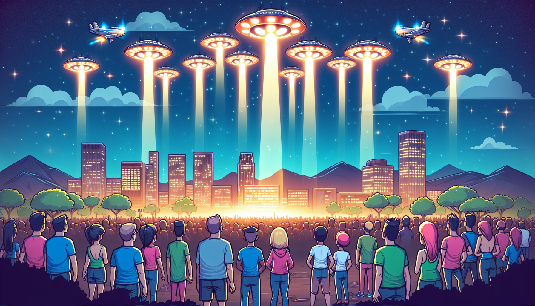 Illustration of the Phoenix Lights in a V formation over a city with people observing.