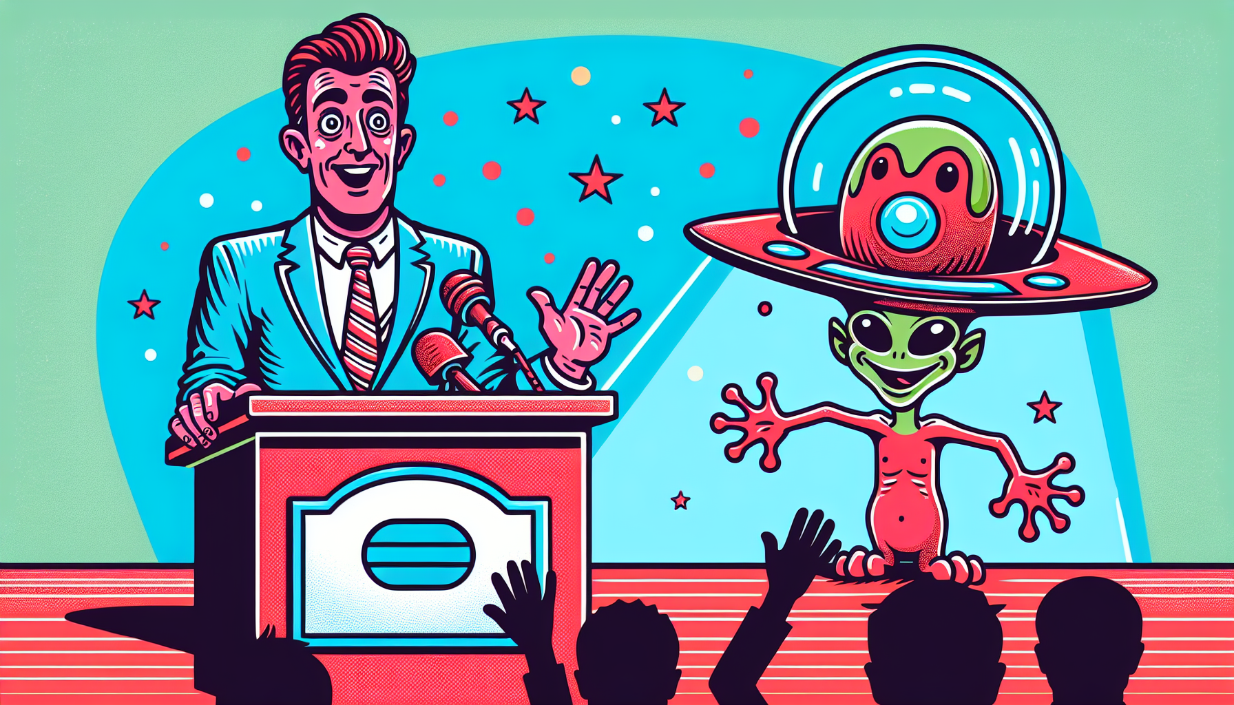 Former Governor Fife Symington speaking at a press conference with humor inserted by an alien figure.