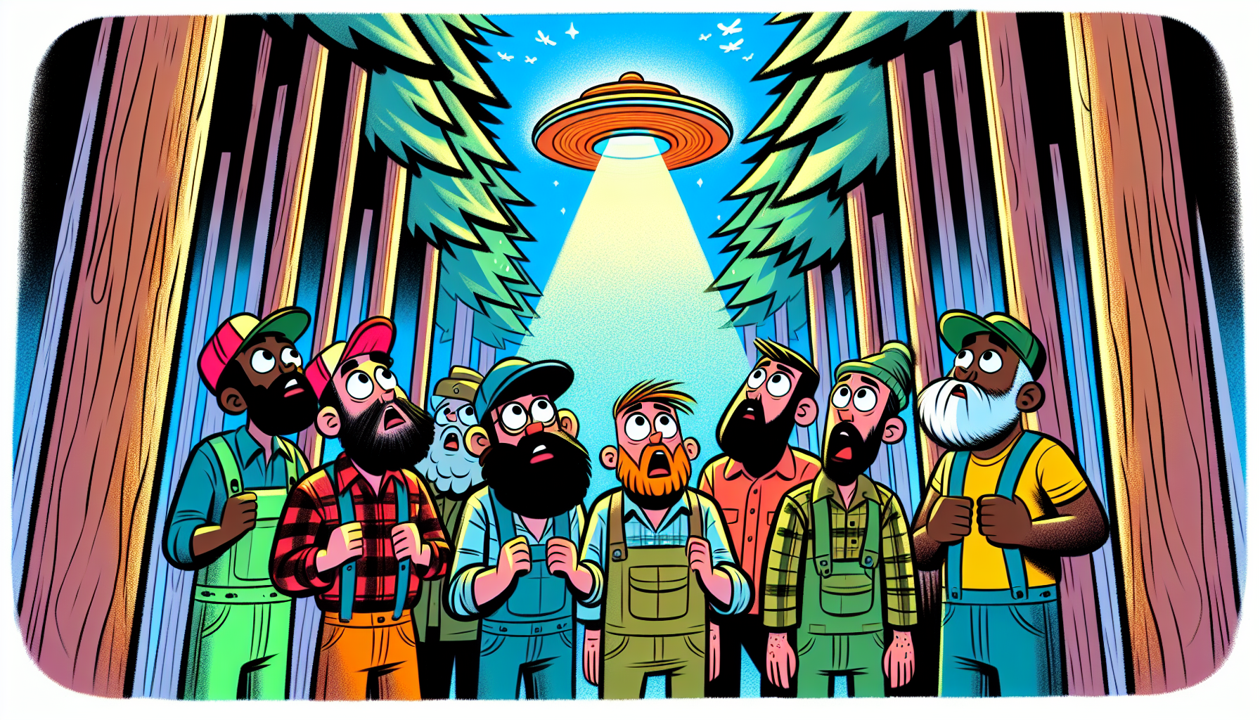 Loggers in a forest startled by a bright UFO above