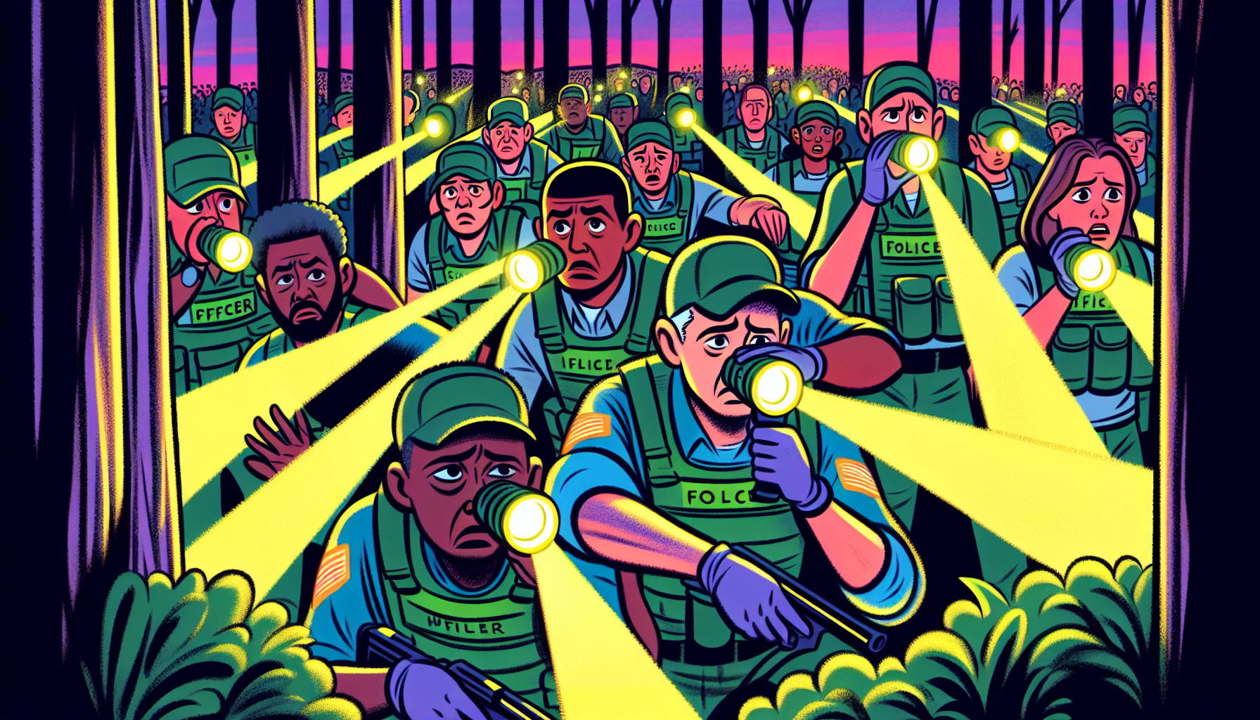 Search party in the forest with flashlights