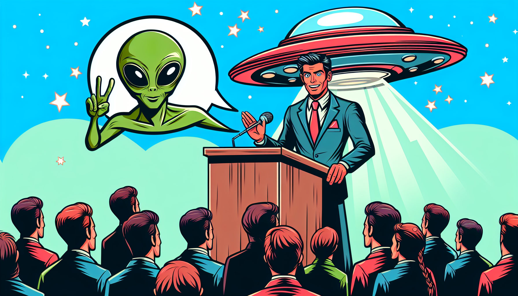 Travis Walton speaking with alien figures in background