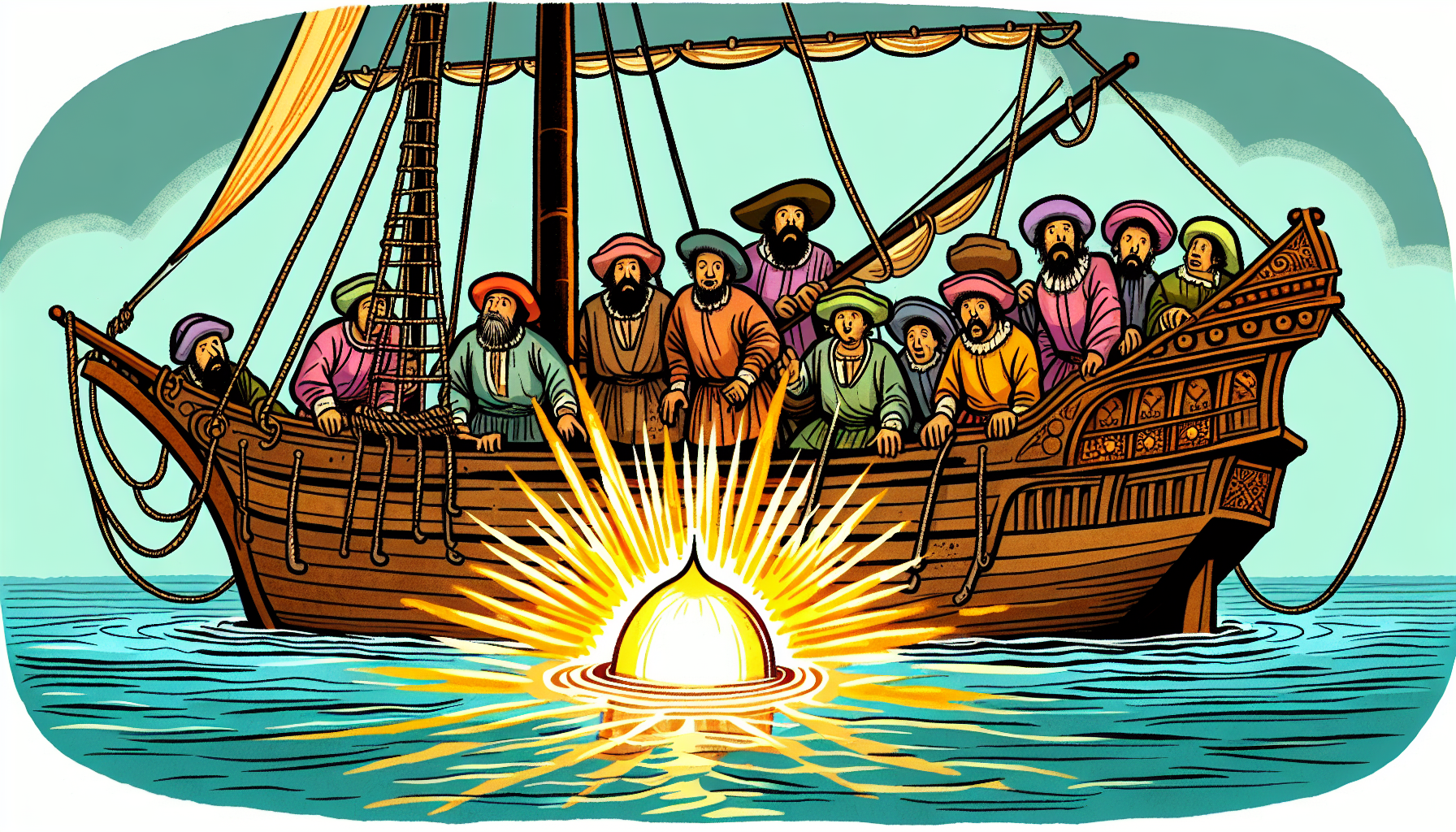 15th-century ship with glowing USO