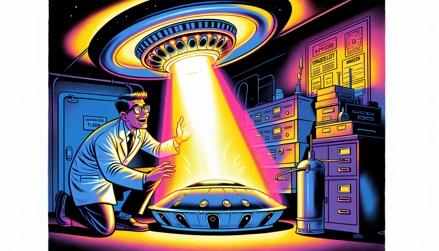 Bob Lazar examining the Element 115 reactor inside a flying saucer at the S-4 facility.
