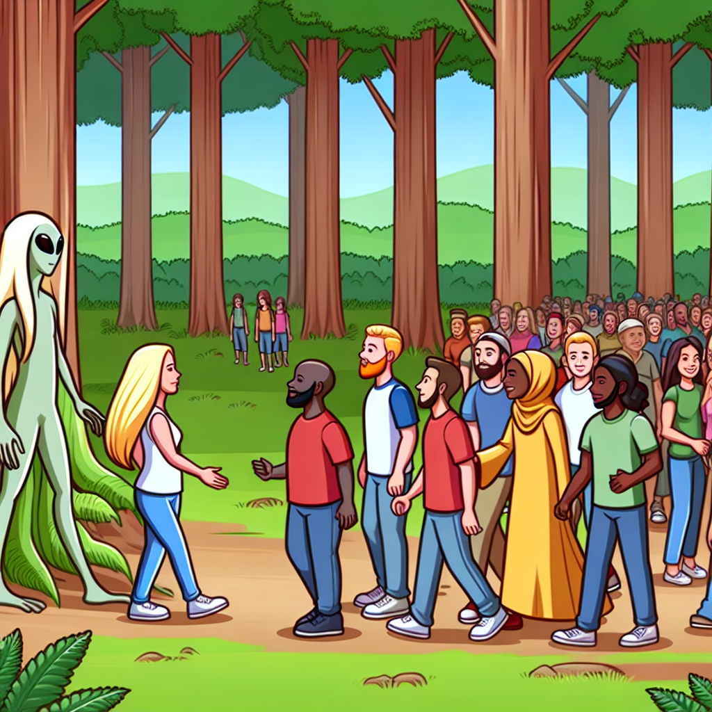 Nordic aliens and humans in a forest