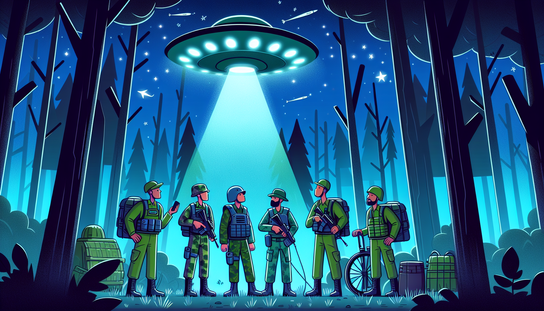 Military personnel examining a glowing UFO in Rendlesham Forest at night