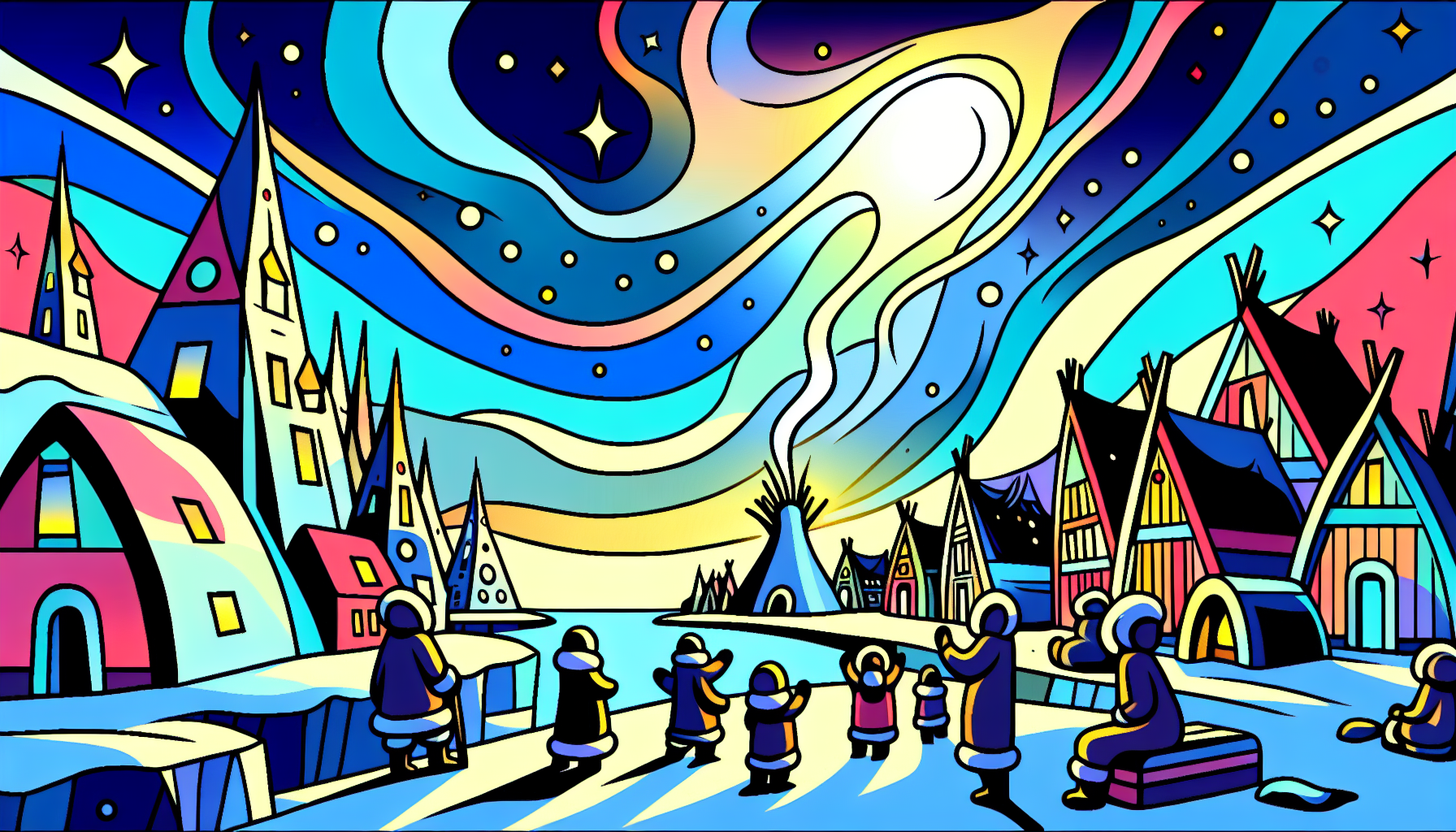 Inuit village with a UFO in the sky