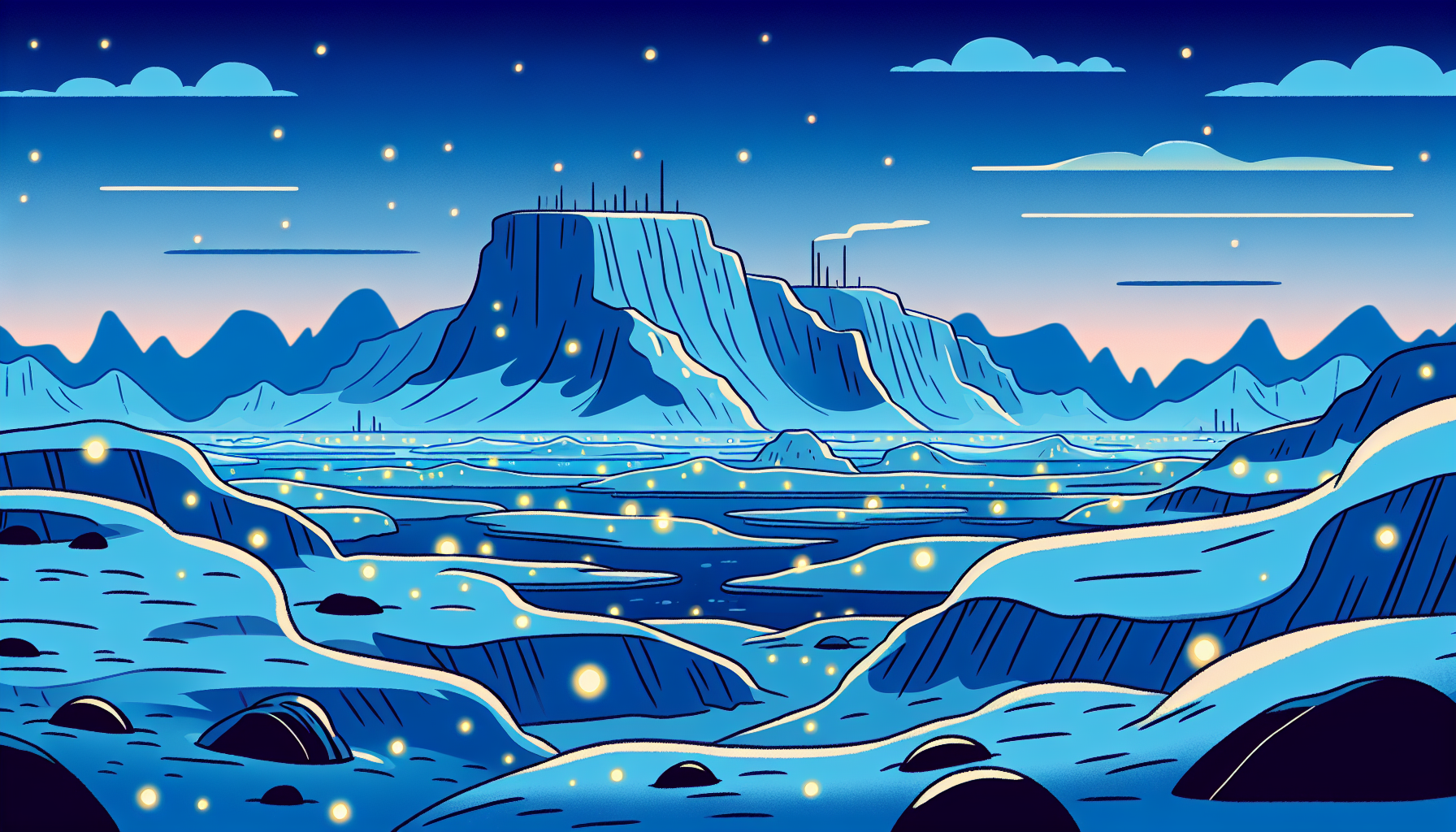 Arctic tundra landscape with glowing UFO lights